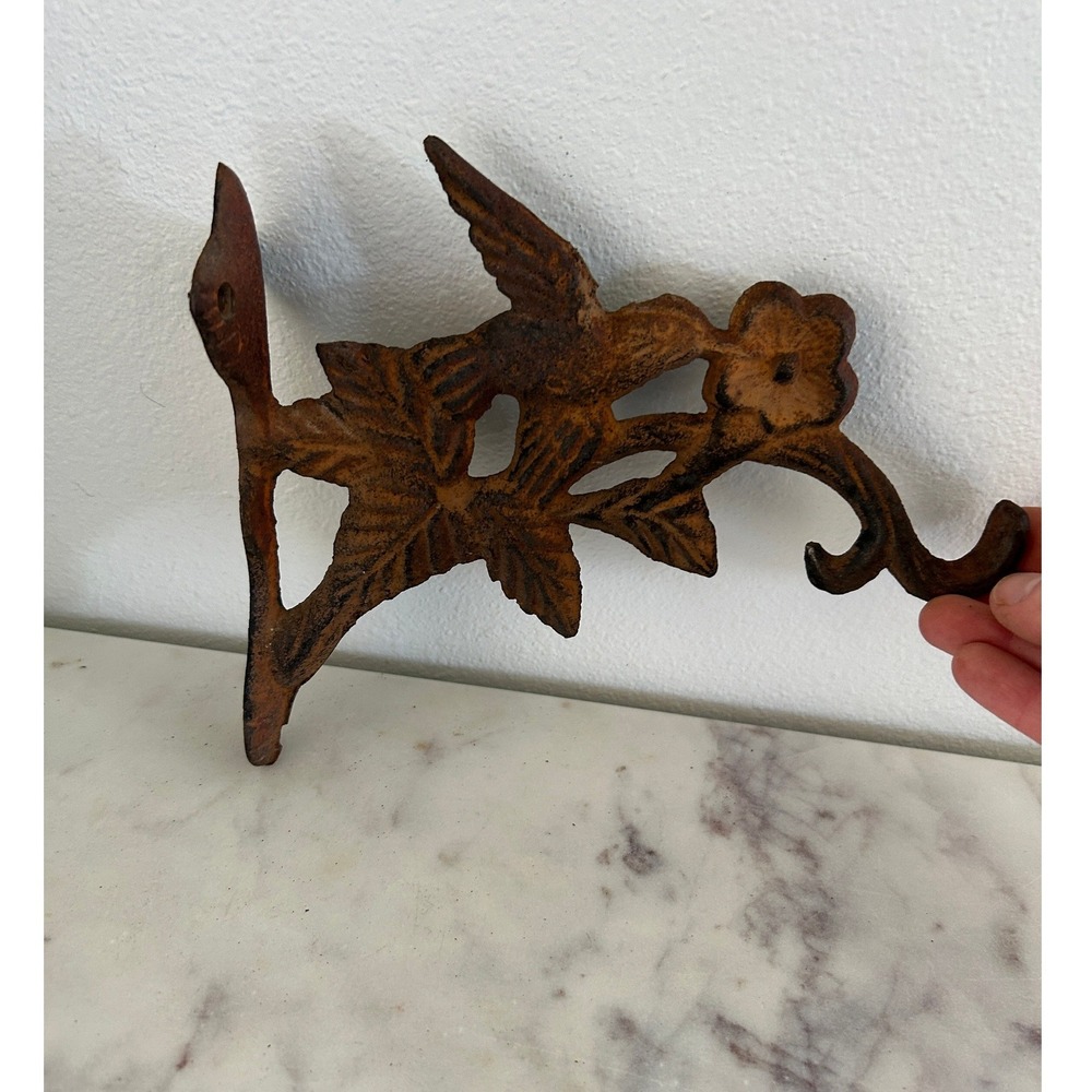 Vintage Cast Iron Hummingbird Wall Hook Rustic Brown Floral Garden Decor 7.5in